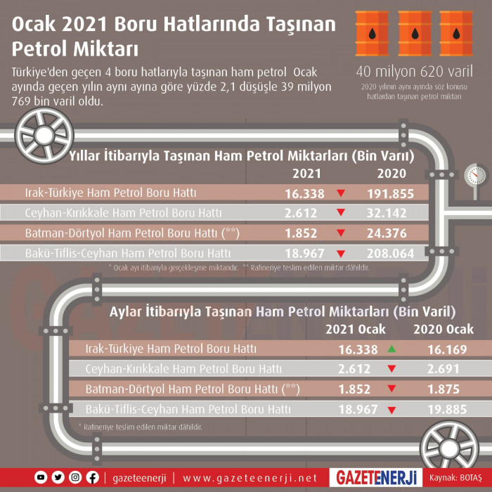 Ocak 2021 Boru Hatlarında Taşınan Petrol Miktarı